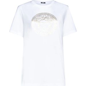 Versace, Tops, Dames, Wit, 2Xs, Katoen, Luxe Medusa Head T-shirt Wit Goud