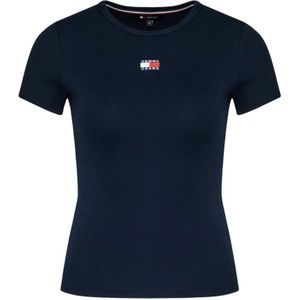 Tommy Jeans, Tops, Heren, Blauw, S, Katoen, Geribbelde Stretch T-shirt - Blauwe Ronde Hals