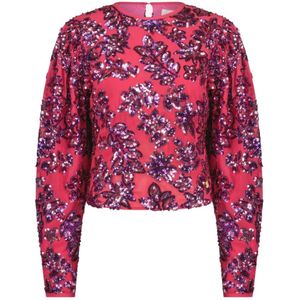 Fabienne Chapot, Blouses & Shirts, Dames, Roze, L, Roze top met bladversiering en pofmouwen