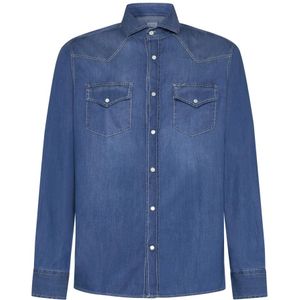 Brunello Cucinelli, Overhemden, Heren, Blauw, XL, Denim, Denim Drukknopsluiting Shirt