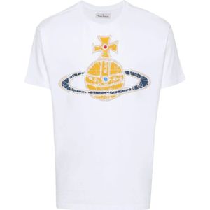 Vivienne Westwood, Tops, Heren, Wit, L, Katoen, Witte Katoenen T-shirts en Polos met Handtekening Orb Print