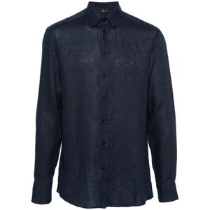 Etro, Blauwe Linnen Pegaso Motief Overhemd Blauw, Heren, Maat:XL