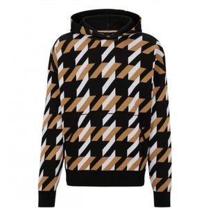 Hugo Boss, Relaxed-fit Houndstooth Sweater Hoodie Zwart, Heren, Maat:L