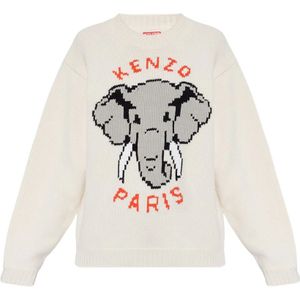 Kenzo, Truien, Dames, Beige, S, Wol, Logo Wollen Trui met Olifantmotief