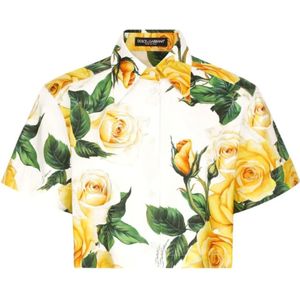 Dolce & Gabbana, Blouses & Shirts, Dames, Geel, S, Katoen, Gele Cropped Shirt met Korte Mouwen