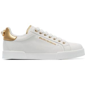 Dolce & Gabbana, Schoenen, Dames, Wit, 36 1/2 EU, Leer, Witte Sneakers met Faux-Parel Versiering