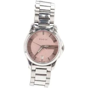 Gucci Vintage, Pre-owned, Dames, Grijs, ONE Size, Zilveren Roestvrijstalen Horloge met Roze Wijzerplaat