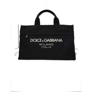 Dolce & Gabbana, Tassen, Heren, Zwart, ONE Size, Nylon, Zwarte nylon handtas met gladleren details en contrasterende logoprint