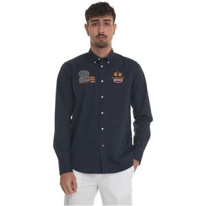 La Martina, Geborduurd Langemouw Katoenen Overhemd Blauw, Heren, Maat:2XL