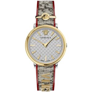 Versace, Accessoires, Heren, Veelkleurig, ONE Size, V-Circle Leren Horloge met Logo
