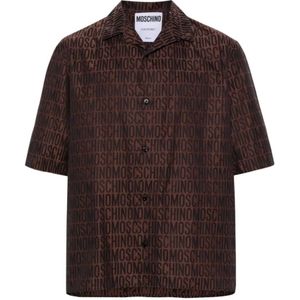 Moschino, Bruine Logo-Jacquard Camp Collar Shirt Bruin, Heren, Maat:L