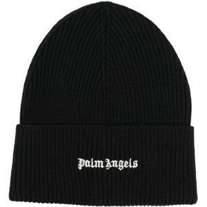 Palm Angels, Zwarte Geribbelde Gebreide Logo Patch Hoed Zwart, Heren, Maat:ONE Size