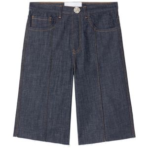 AZ Factory, Korte broeken, Dames, Blauw, 4Xs, Denim, Oversized Denim Jeans met Kristal Knoop