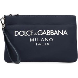 Dolce & Gabbana, Tassen, Heren, Blauw, ONE Size, Nylon, Nylon Pouch met Leren Details