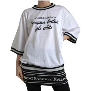 Dolce & Gabbana, Tops, Dames, Wit, S, Katoen, Authentiek Crew Neck Print T-shirt