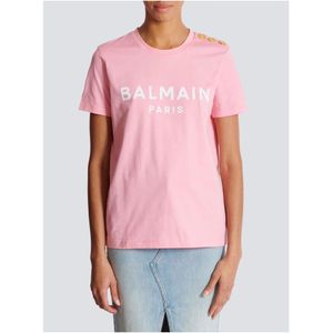 Balmain, Tops, Dames, Roze, M, Katoen, Rose Blanc T-Shirt