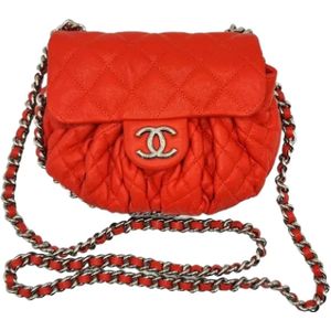 Chanel Vintage, Pre-owned, Dames, Rood, ONE Size, Tweed, Tweedehands Rode Leren Chanel Tas