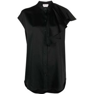 Alexander McQueen, Blouses & Shirts, Dames, Zwart, XS, Zwarte Zijden Ruffle Shirt