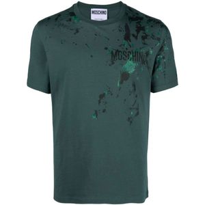 Moschino, Tops, Heren, Groen, S, Katoen, Groene T-shirts en Polos met Verfspat Detail