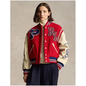 Polo Ralph Lauren, Jassen, Dames, Rood, L, Katoen, Varsity Teddy Jack met Leren Mouwen