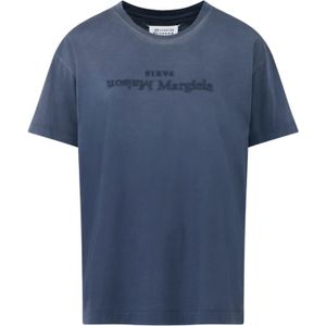 Maison Margiela, Blauw Katoen Logo T-shirt Blauw, Heren, Maat:XL