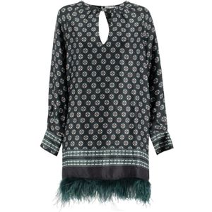 Ermanno Scervino, Viscose jurk met geometrische print en struisvogelveren Zwart, Dames, Maat:M