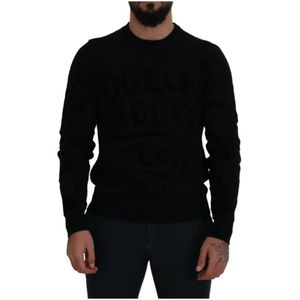 Dolce & Gabbana, Sweatshirts & Hoodies, Heren, Zwart, S, Wol, Zwarte Wol Logo Patroon Crewneck Trui