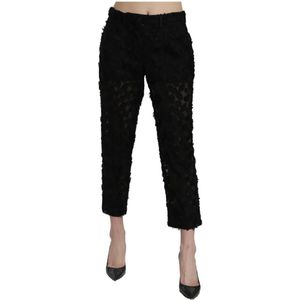 Dolce & Gabbana, Broeken, Dames, Zwart, M, Zwarte Kanten Rechte Geknipte Hoge Taille Broek