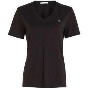Calvin Klein Jeans, Tops, Dames, Zwart, L, Katoen, Zwart Geborduurd Badge V-Hals T-Shirt