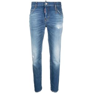 Dsquared2, Jeans, Dames, Blauw, 2Xs, Katoen, Blauwe Slim-Fit Jeans met Distressed Finish