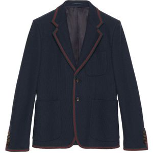 Gucci, Jassen, Heren, Blauw, L, Katoen, Navy Blauwe Katoenen Blazer met Web-Streep Detail