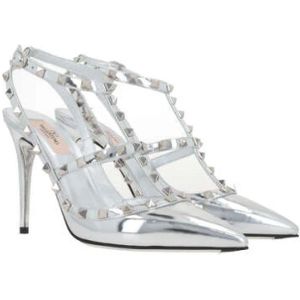 Valentino Garavani, Schoenen, Dames, Grijs, 36 EU, Leer, Zilveren Slingback met Hak en Signature Studs