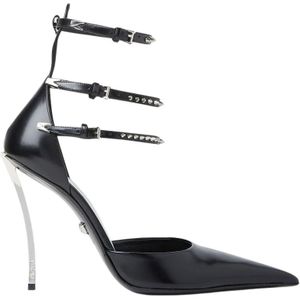 Versace, Schoenen, Dames, Zwart, 36 EU, Leer, Spiked Pin Point Hoge Hakken