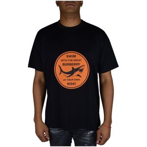 Burberry, Tops, Heren, Zwart, M, Katoen, Zwarte Shark Logo T-shirt