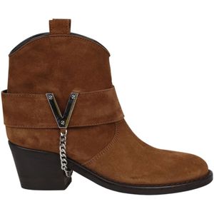 Via Roma 15, Suede Cowboy Laarzen met Zilverkleurige Hardware Bruin, Dames, Maat:37 EU