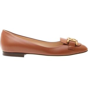 Tod's, Schoenen, Dames, Bruin, 37 1/2 EU, Leer, Leren Ballerina met Gouden Gesp