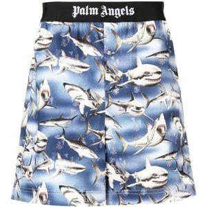 Palm Angels, Korte broeken, Heren, Blauw, S, Katoen, Casual Blauwe Shorts met Haaienprint
