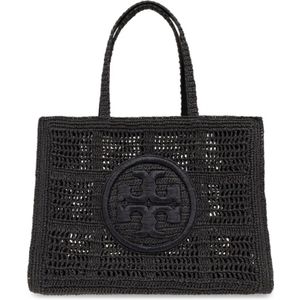 Tory Burch, Tassen, Dames, Zwart, ONE Size, Geweven Raffia Dubbele T Handtas