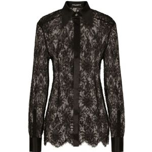 Dolce & Gabbana, Blouses & Shirts, Dames, Zwart, S, Leer, Bloemenkanten Shirt