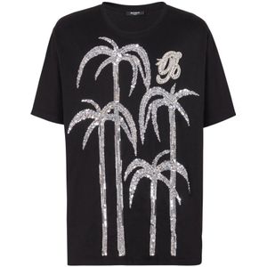 Balmain, Tops, Heren, Zwart, L, Katoen, Palmboom geborduurd T-shirt