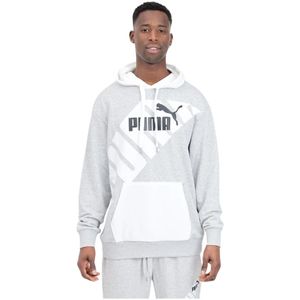 Puma, Grijze en witte hoodie met grafische print Grijs, Heren, Maat:2XL