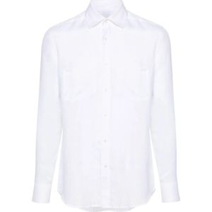 Low Brand, Overhemden, Heren, Wit, XL, Linnen, Witte Linnen Overhemd met Inzetontwerp
