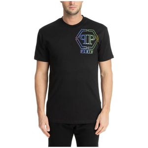 Philipp Plein, Gestreept T-shirt met Logo en Strass Zwart, Heren, Maat:M