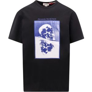 Alexander McQueen, Tops, Heren, Zwart, S, Katoen, Zwarte katoenen T-shirt met reflecterende schedelprint