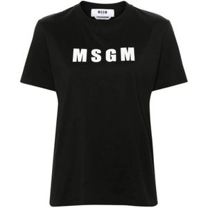 Msgm, Tops, Dames, Zwart, XS, Katoen, Zwart Logo Print Crew Neck T-shirt