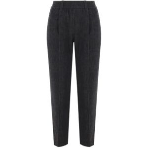 Brunello Cucinelli, Cropped Baggy-Fit Chambray Broek met Monile Details Zwart, Dames, Maat:S