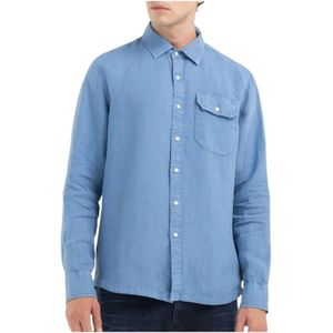 Replay, Overhemden, Heren, Blauw, XL, Denim, Korenbloemblauw Overhemd