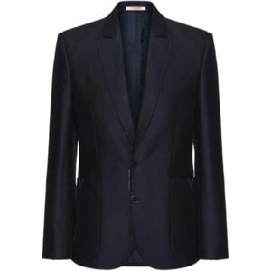 Valentino, Jassen, Heren, Blauw, L, Wol, Wollen en zijden jas met eenvoudige knoopsluiting en gegomde V-detail