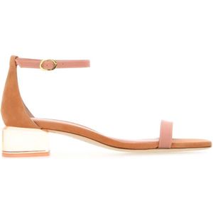 Stuart Weitzman, Schoenen, Dames, Oranje, 36 EU, Suède, Perzik Suede Lucite Nudist Curve Sandalen