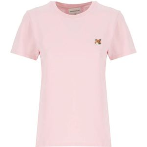 Maison Kitsuné, Tops, Dames, Roze, XS, Katoen, Roze Fox Head Patch Katoenen T-Shirt